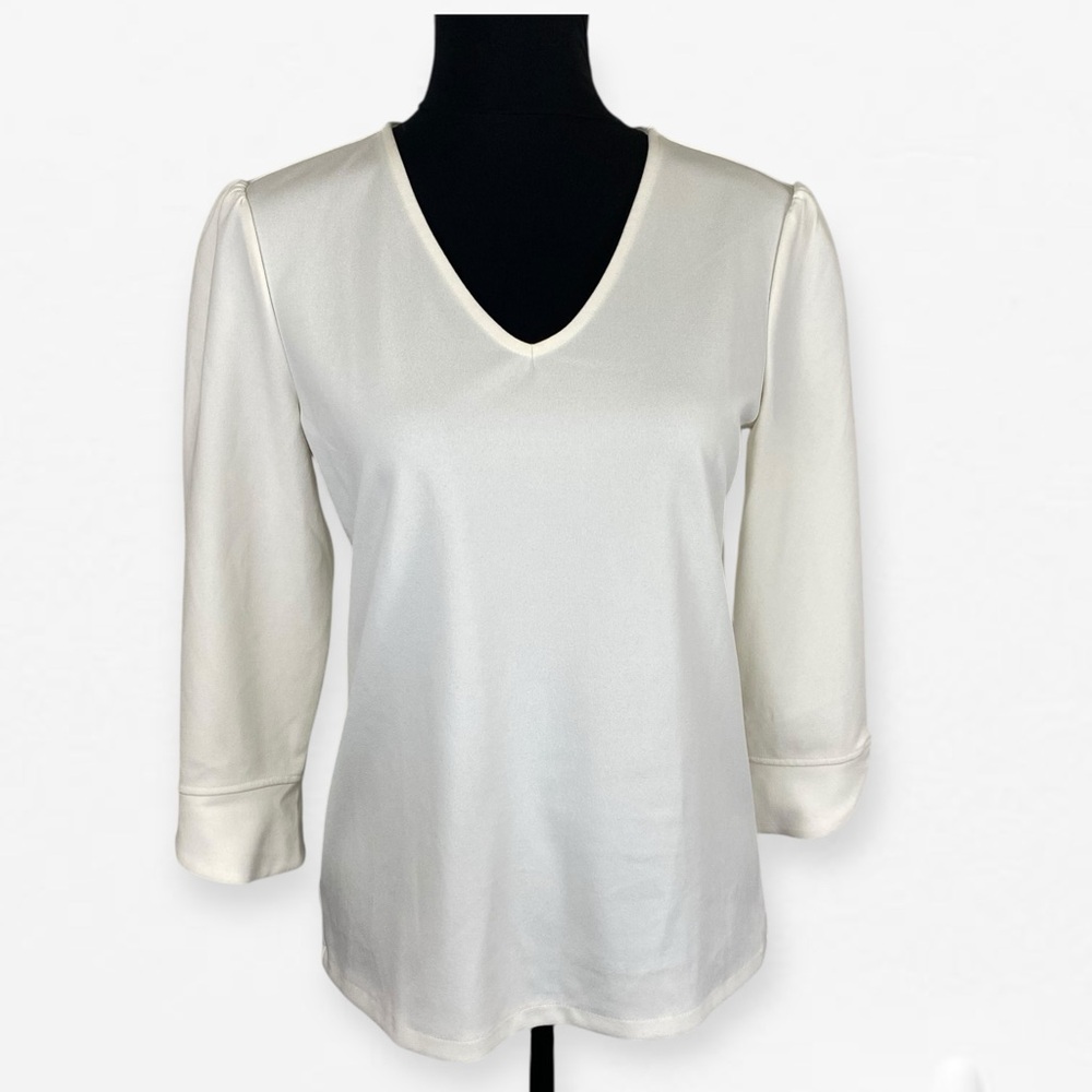 Ann Taylor Cream Colored quarter Cuffed Sleeve v-neck Blouse top Size S